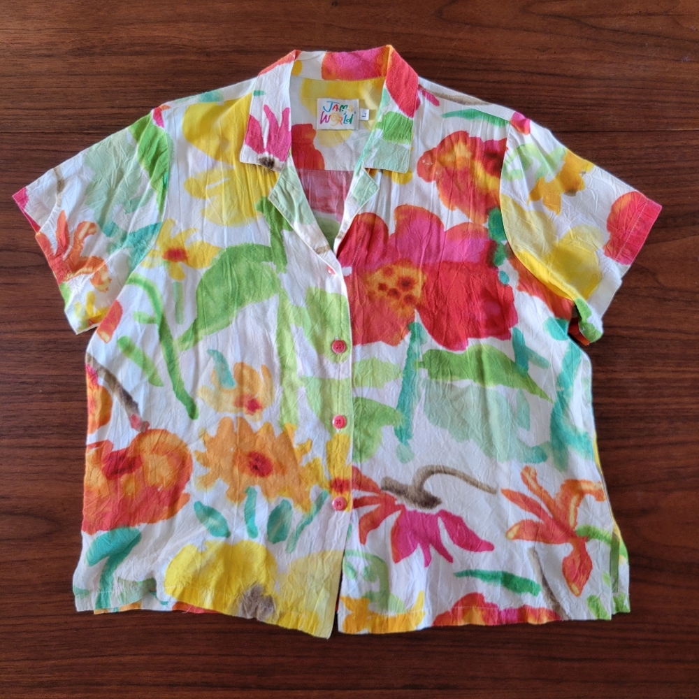Jams World Top Pants Set Button Shirt Wide Leg Colorful Floral Farkas Womens L - Picture 2 of 12